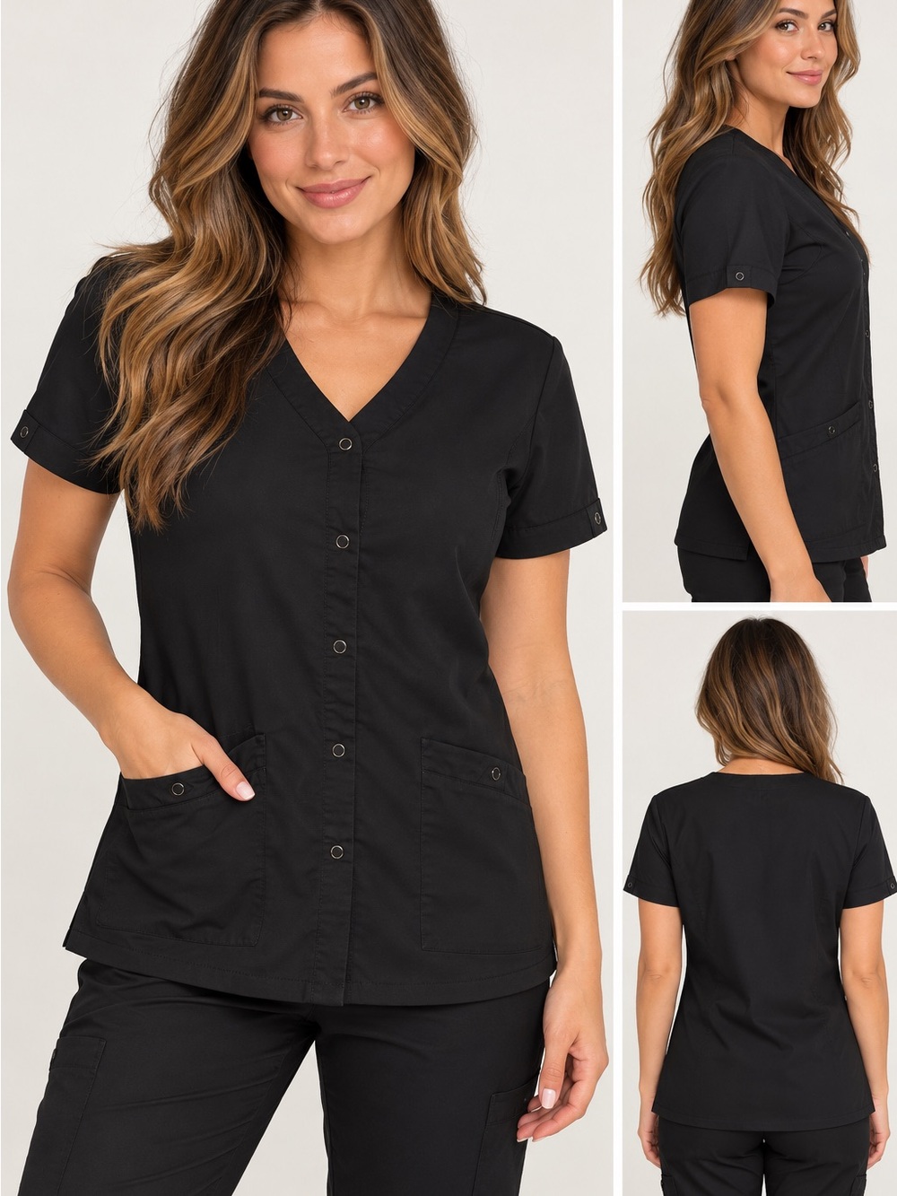 Urbane Women's Black Button-Front Scrub Top